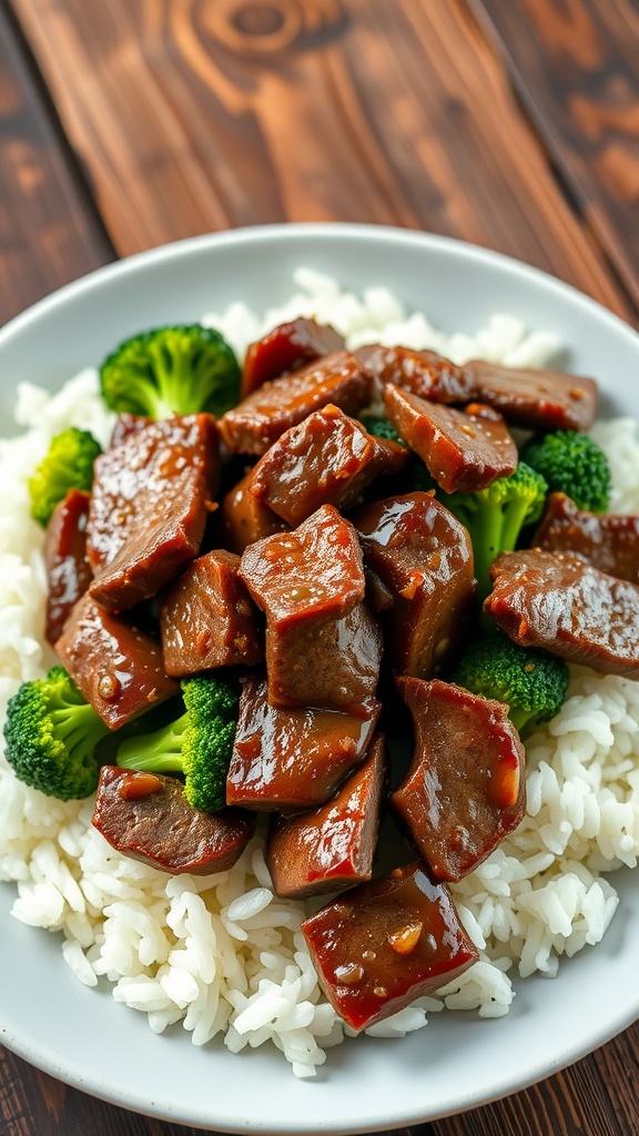 Chopped beef and broccoli stir-fry served over rice, showcasing tender beef and bright green broccoli in a savory sauce.